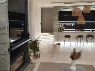 Residential-Grey Roughcast Concrete-Fireplace and Kitchen Residential Grey Roughcast Concrete Fireplace and Kitchen