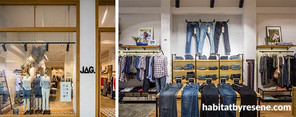 The Garden City outlet of retail clothing brand, JAG, relies on Muros Grey Roughcast Concrete wall panels painted in Resene Black White to get its edgy, textured look.