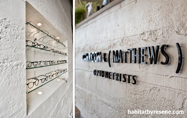 Muros Grey Roughcast Concrete wall panels in Resene Black White at Harrison & Mathews Optometrists in Ponsonby, Auckland.