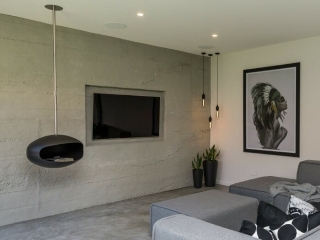 Residential-Grey Roughcast Concrete-Hanging Fireplacei Residential Grey Roughcast Concrete Hanging Fireplacei