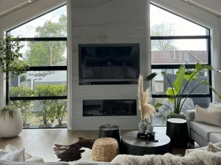 Residential-Grey Roughcast Concrete-Fireplace-TV Residential Grey Roughcast Concrete Fireplace TV